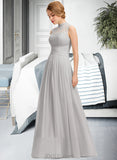 Johanna A-line High Neck Floor-Length Chiffon Lace Bridesmaid Dress With Ruffle UKP0012966