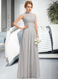 Johanna A-line High Neck Floor-Length Chiffon Lace Bridesmaid Dress With Ruffle UKP0012966