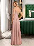 Thirza A-Line V-neck Floor-Length Bridesmaid Dress With Lace UKP0012975