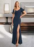 Addyson Sheath/Column V-neck Floor-Length Bridesmaid Dress With Split Front UKP0012976