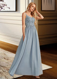 Marina A-Line V-neck Floor-Length Bridesmaid Dress With Ruffle UKP0012977