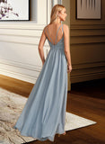 Marina A-Line V-neck Floor-Length Bridesmaid Dress With Ruffle UKP0012977