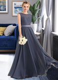 Ayana A-Line Scoop Neck Floor-Length Chiffon Lace Bridesmaid Dress With Bow(s) UKP0012984