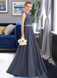 Ayana A-Line Scoop Neck Floor-Length Chiffon Lace Bridesmaid Dress With Bow(s) UKP0012984