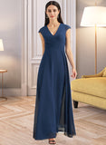 Liberty A-Line V-neck Floor-Length Bridesmaid Dress With Ruffle UKP0012986