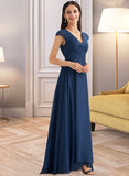 Liberty A-Line V-neck Floor-Length Bridesmaid Dress With Ruffle UKP0012986