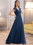 Liberty A-Line V-neck Floor-Length Bridesmaid Dress With Ruffle UKP0012986