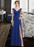 Hilary A-Line V-neck Floor-Length Chiffon Lace Bridesmaid Dress With Ruffle Split Front UKP0012988