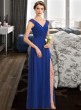 Hilary A-Line V-neck Floor-Length Chiffon Lace Bridesmaid Dress With Ruffle Split Front UKP0012988