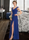 Hilary A-Line V-neck Floor-Length Chiffon Lace Bridesmaid Dress With Ruffle Split Front UKP0012988