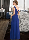 Hilary A-Line V-neck Floor-Length Chiffon Lace Bridesmaid Dress With Ruffle Split Front UKP0012988