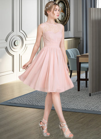 Mary A-Line Scoop Neck Knee-Length Chiffon Lace Bridesmaid Dress With Ruffle UKP0012990