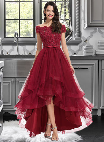 Gina Ball-Gown/Princess Off-the-Shoulder Asymmetrical Tulle Bridesmaid Dress With Beading Sequins Bow(s) UKP0012991