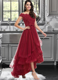 Gina Ball-Gown/Princess Off-the-Shoulder Asymmetrical Tulle Bridesmaid Dress With Beading Sequins Bow(s) UKP0012991