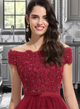 Gina Ball-Gown/Princess Off-the-Shoulder Asymmetrical Tulle Bridesmaid Dress With Beading Sequins Bow(s) UKP0012991