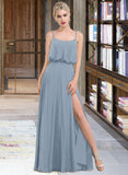 Kylie A-Line Square Neckline Floor-Length Chiffon Bridesmaid Dress With Split Front UKP0012992