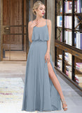 Kylie A-Line Square Neckline Floor-Length Chiffon Bridesmaid Dress With Split Front UKP0012992