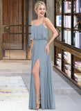 Kylie A-Line Square Neckline Floor-Length Chiffon Bridesmaid Dress With Split Front UKP0012992