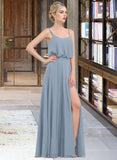 Kylie A-Line Square Neckline Floor-Length Chiffon Bridesmaid Dress With Split Front UKP0012992