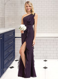 Vera A-Line One-Shoulder Floor-Length Chiffon Bridesmaid Dress With Split Front Cascading Ruffles UKP0012997