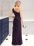 Vera A-Line One-Shoulder Floor-Length Chiffon Bridesmaid Dress With Split Front Cascading Ruffles UKP0012997