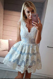 Deep V Neck Sleeveless Lace Appliques Short Homecoming Dresses