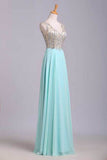 V Neck Prom Dresses A Line Beaded Bodice Sweep Train Chiffon And Tulle