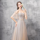 Elegant Off Shoulder Floor Length Tulle Prom Dress, Lace up Bridesmaid Dresses SJS15185