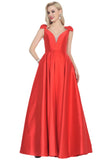 V-Neck Bubble Shoulder A-Line Satin Evening Dress Floor-Length