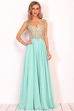 Open Back V Neck Beaded Bodice Prom Dresses A Line Chiffon Floor Length