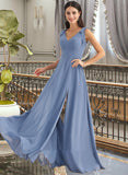 Kasey A-Line V-neck Floor-Length Bridesmaid Dress With Bow(s) Split Front UKP0013001