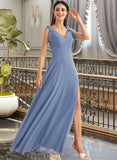 Kasey A-Line V-neck Floor-Length Bridesmaid Dress With Bow(s) Split Front UKP0013001