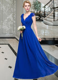 Esperanza A-Line V-neck Floor-Length Chiffon Bridesmaid Dress With Ruffle UKP0013004