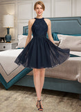 Sydnee A-Line Scoop Neck Knee-Length Chiffon Lace Bridesmaid Dress With Ruffle UKP0013006