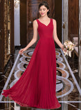 Hailey A-Line V-neck Floor-Length Chiffon Bridesmaid Dress With Split Front Pleated UKP0013007