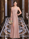 Hailey A-Line V-neck Floor-Length Chiffon Bridesmaid Dress With Split Front Pleated UKP0013007