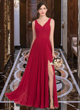 Hailey A-Line V-neck Floor-Length Chiffon Bridesmaid Dress With Split Front Pleated UKP0013007