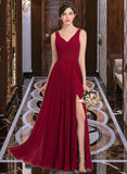 Hailey A-Line V-neck Floor-Length Chiffon Bridesmaid Dress With Split Front Pleated UKP0013007