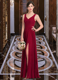 Hailey A-Line V-neck Floor-Length Chiffon Bridesmaid Dress With Split Front Pleated UKP0013007