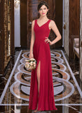 Hailey A-Line V-neck Floor-Length Chiffon Bridesmaid Dress With Split Front Pleated UKP0013007