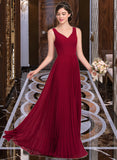 Hailey A-Line V-neck Floor-Length Chiffon Bridesmaid Dress With Split Front Pleated UKP0013007