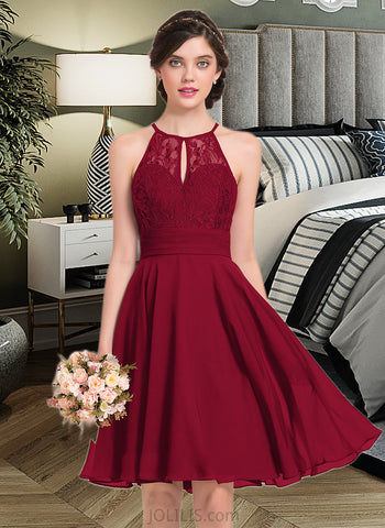 Lynn A-Line Scoop Neck Knee-Length Chiffon Lace Bridesmaid Dress With Ruffle Bow(s) UKP0013012