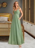 Shaylee A-Line V-neck Floor-Length Bridesmaid Dress With Ruffle UKP0013014