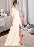 Nan A-Line V-neck Floor-Length Bridesmaid Dress With Split Front UKP0013015