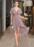 Camille A-line V-Neck Asymmetrical Chiffon Bridesmaid Dress With Cascading Ruffles UKP0013019