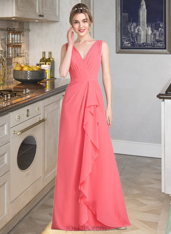 Lena A-line V-Neck Floor-Length Chiffon Bridesmaid Dress With Cascading Ruffles UKP0013021