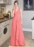 Lena A-line V-Neck Floor-Length Chiffon Bridesmaid Dress With Cascading Ruffles UKP0013021