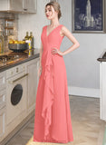 Lena A-line V-Neck Floor-Length Chiffon Bridesmaid Dress With Cascading Ruffles UKP0013021