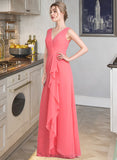 Lena A-line V-Neck Floor-Length Chiffon Bridesmaid Dress With Cascading Ruffles UKP0013021