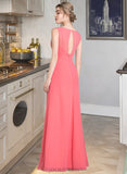 Lena A-line V-Neck Floor-Length Chiffon Bridesmaid Dress With Cascading Ruffles UKP0013021